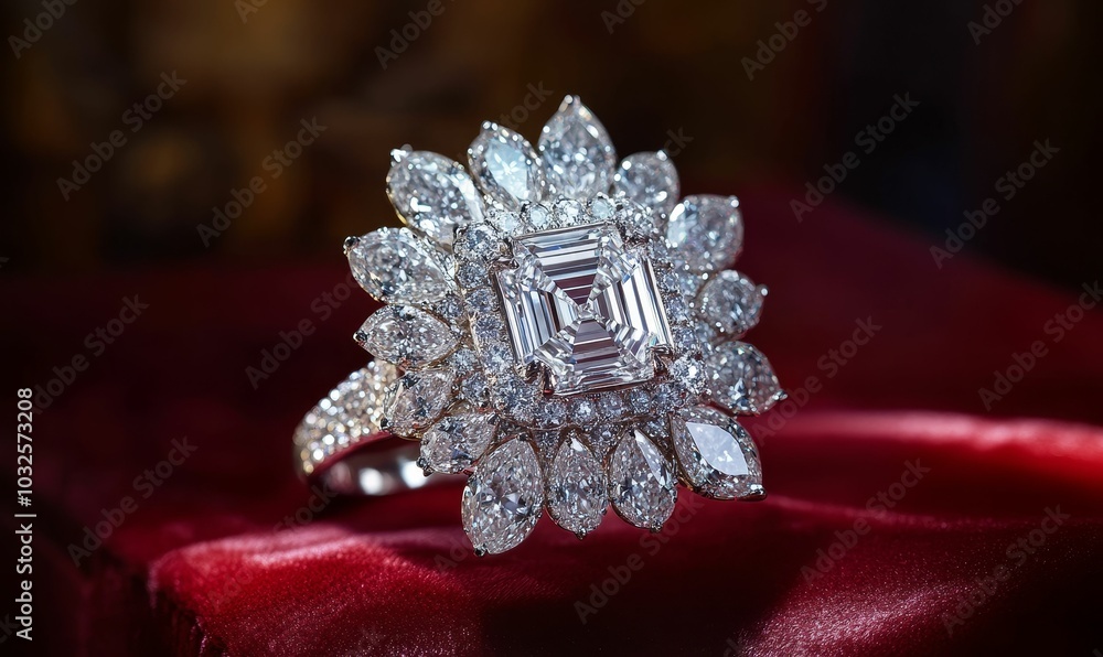 Diamond ring on red velvet background. Diamond ring on red velvet background.