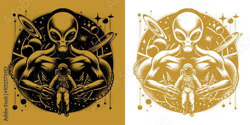 a scary alien with a astronaut vintage design