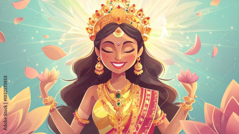 Goddess Laxmi portrait LAKSHMI Beautiful Hindu goddess with golden lotus and colorful flower garlands, holy face with happy smile, wearing yellow dress with red border on chest, full body with detaile Goddess Laxmi portrait LAKSHMI Beautiful Hindu goddess with golden lotus and colorful flower garlands, holy face with happy smile, wearing yellow dress with red border on chest, full body with detaile