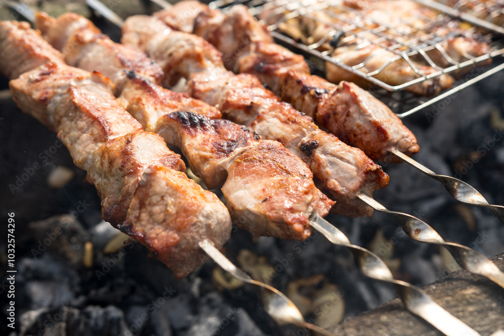 Close-up of juicy pork pieces grilling on skewers over an open flame, with golden sunlight illuminating the scene. Perfect for a spring outdoor barbecue and enjoying fresh, flavorful food Close-up of juicy pork pieces grilling on skewers over an open flame, with golden sunlight illuminating the scene. Perfect for a spring outdoor barbecue and enjoying fresh, flavorful food