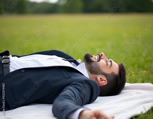 Man in suit relaxing on blanket in a meadow with green grass and trees, after goal achievement