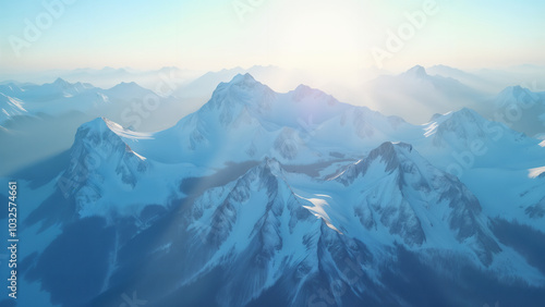 A Breathtaking Aerial View of Snowy Mountains Illuminated by Soft Morning Light, Showcasing Vast Natural Beauty