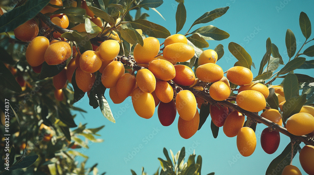 Ripe Yellow Fruits on Branch with Green Leaves and Blue Sky Background Ripe Yellow Fruits on Branch with Green Leaves and Blue Sky Background