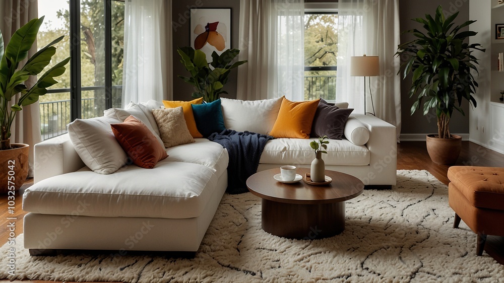 Obraz premium Aerial view of a cozy living room featuring a white blanket draped over a stylish couch, blending modern aesthetics with comfort and inviting home decor.
