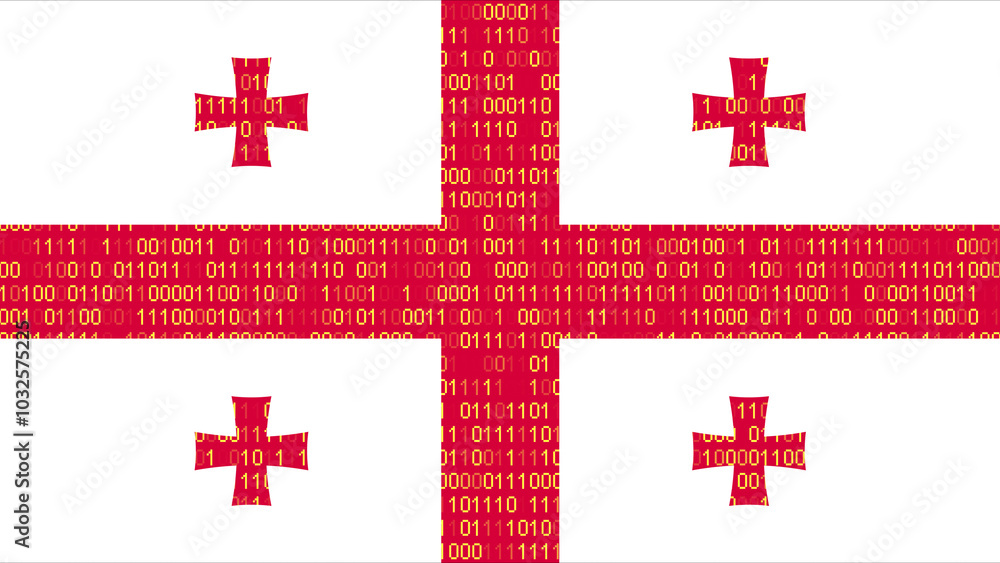 Binary code on flag of Georgia. Program source code or Hacker concept on Georgian flag. Georgia digital technology security, hacking or programming Binary code on flag of Georgia. Program source code or Hacker concept on Georgian flag. Georgia digital technology security, hacking or programming