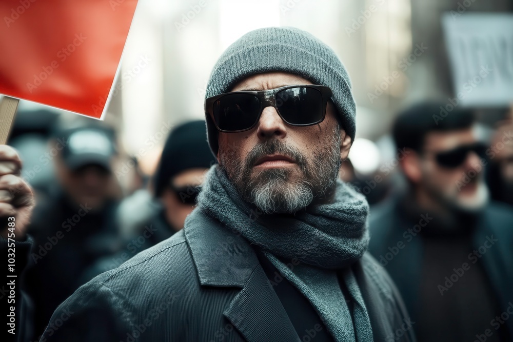 Man with glasses in crowd, serious expression, urban backdrop, protest atmosphere. Man with glasses in crowd, serious expression, urban backdrop, protest atmosphere.