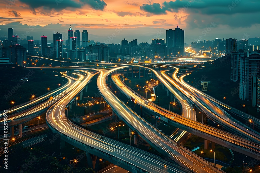 Fototapeta premium Stunning Urban Landscape at Dusk: A Network of Highways and City Lights