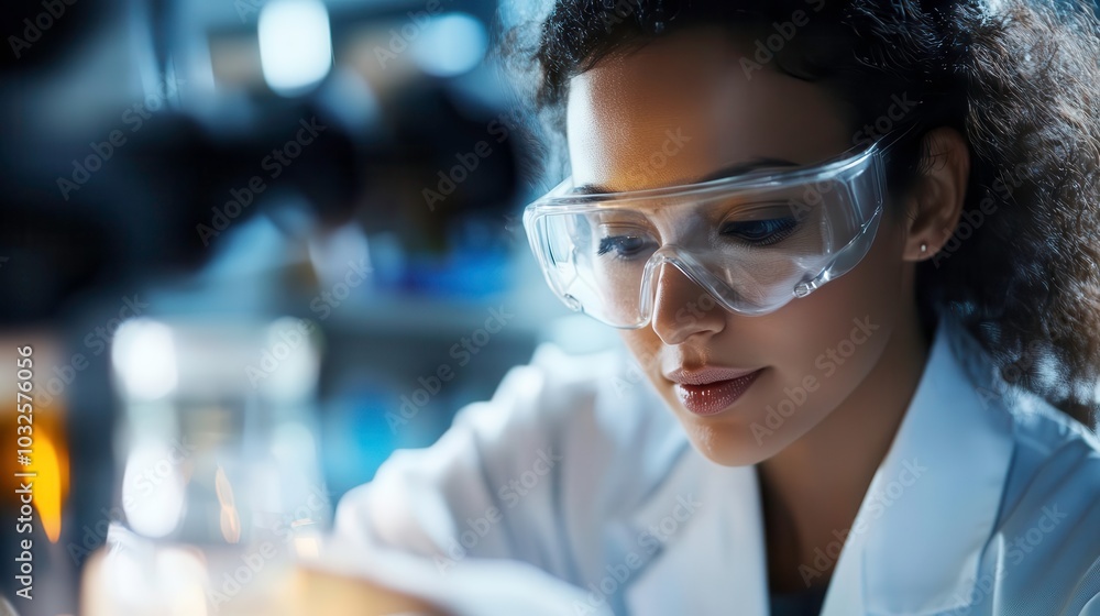 Scientist working diligently in laboratory with safety glasses and lab equipment. Scientist working diligently in laboratory with safety glasses and lab equipment.