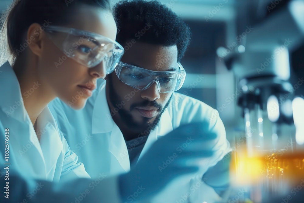 Scientists analyzing samples in a modern laboratory environment. Scientists analyzing samples in a modern laboratory environment.