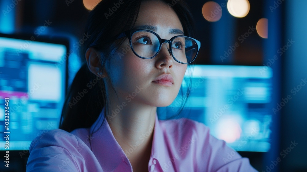 Focused businesswoman in a dark room using computer to achieve her goals and inspire innovation Focused businesswoman in a dark room using computer to achieve her goals and inspire innovation