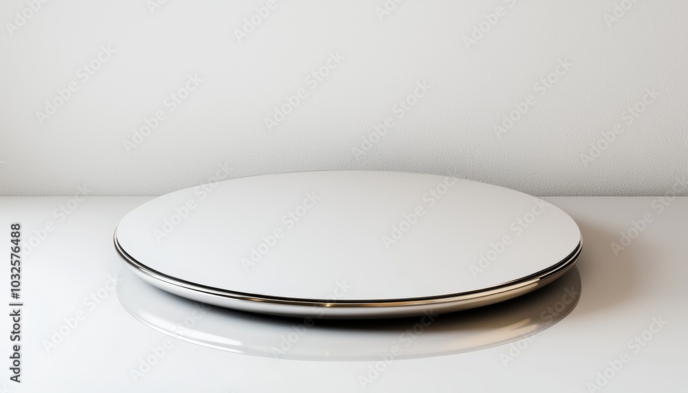 Minimalistic, futuristic round device with a smooth metallic finish, styled on a clean, reflective surface, symbolizing modern technology and innovation Minimalistic, futuristic round device with a smooth metallic finish, styled on a clean, reflective surface, symbolizing modern technology and innovation
