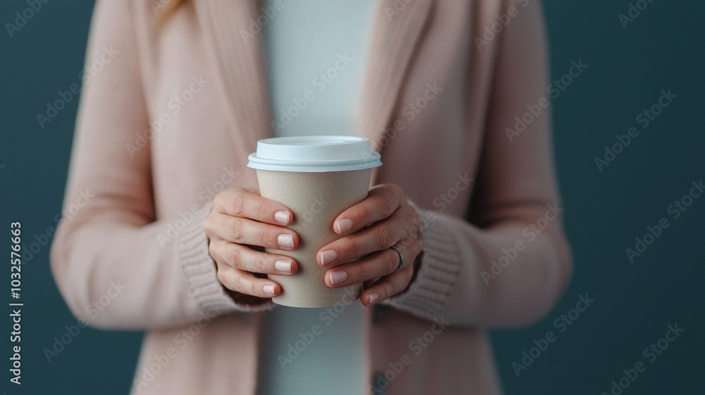 Close-up of a businesswoman's hands holding a coffee cup representing networking and professionalism in a modern work environment Close-up of a businesswoman's hands holding a coffee cup representing networking and professionalism in a modern work environment