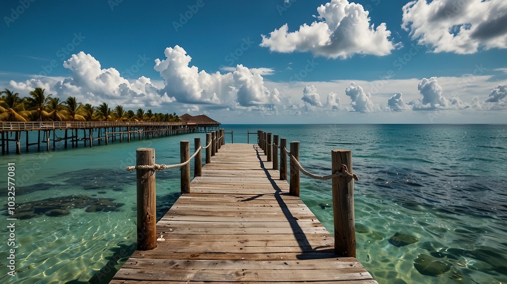 Fototapeta premium Breathtaking aerial view of a wooden pier on a tropical beach, embraced by lush palm trees and a serene blue sky, perfect for summer relaxation.
