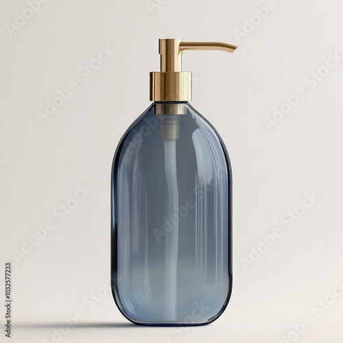 Blue glass soap dispenser with gold pump on a white marble countertop.