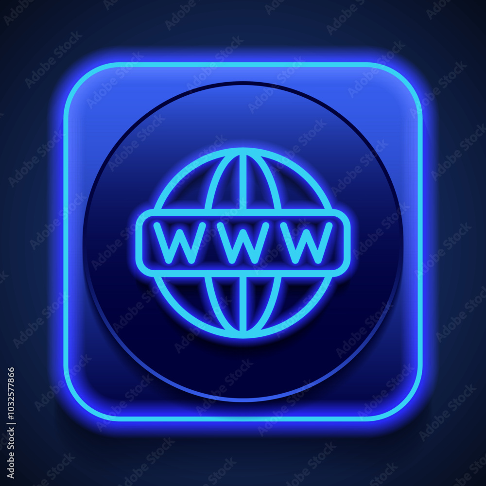 World wide web icon vector. Flat design. Blue neon style on button. With shadow World wide web icon vector. Flat design. Blue neon style on button. With shadow