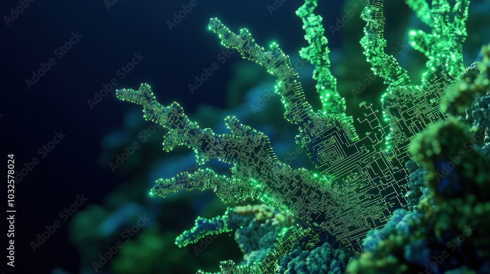 Fototapeta premium Organic Cybernetic Coral Forms Glowing in Dark
