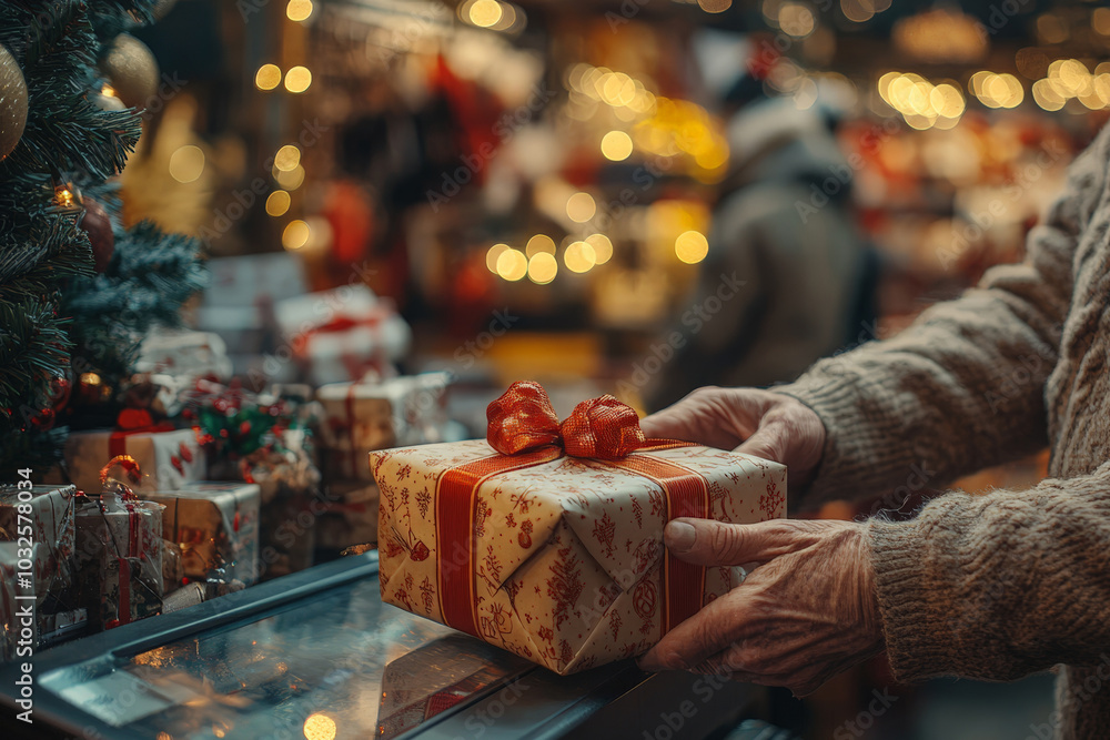 Hands holding a wrapped Christmas gift with festive ribbons and a holiday market background, conveying the joy of gift-giving during the holiday season. Hands holding a wrapped Christmas gift with festive ribbons and a holiday market background, conveying the joy of gift-giving during the holiday season.