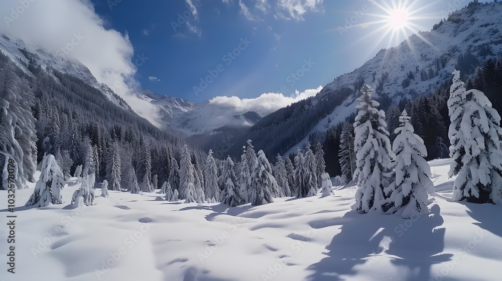 Obraz premium Panoramic view down snow covered valley in alpine mountain range