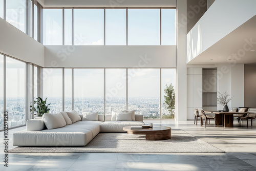 Light splendor: modern living room with panoramic windows and natural light. 