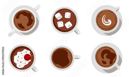 Coffee, cocoa with marshmallows, and hot chocolate topped with cream. On a white background.