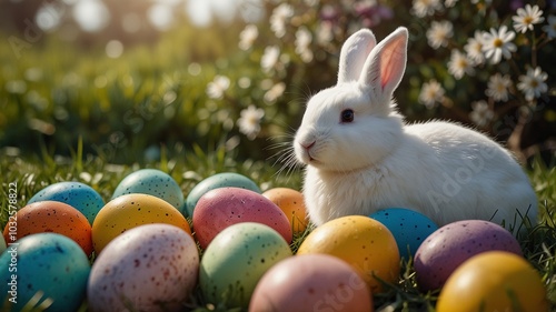 Charming white fluffy Easter bunny nestled among vibrant eggs in a blossoming spring meadow, offering perfect space for cheerful greetings and seasonal promotions. Perfectly festive! photo