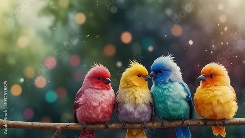 Charming watercolor cartoon birds with a bokeh effect, perfect for nature lovers. Adorable feathered illustrations enhance children's decor and art projects with vibrant colors. photo