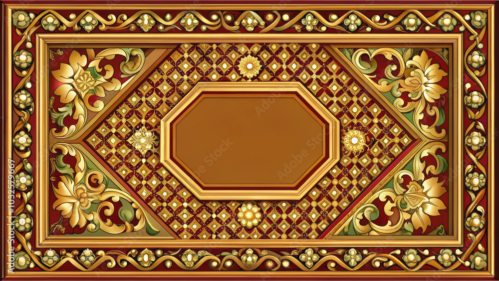 Intricate floral patterns and geometric shapes create stunning decorative frame, showcasing rich color palette of gold, red, and green. This design adds elegance and sophistication to any setting Intricate floral patterns and geometric shapes create stunning decorative frame, showcasing rich color palette of gold, red, and green. This design adds elegance and sophistication to any setting