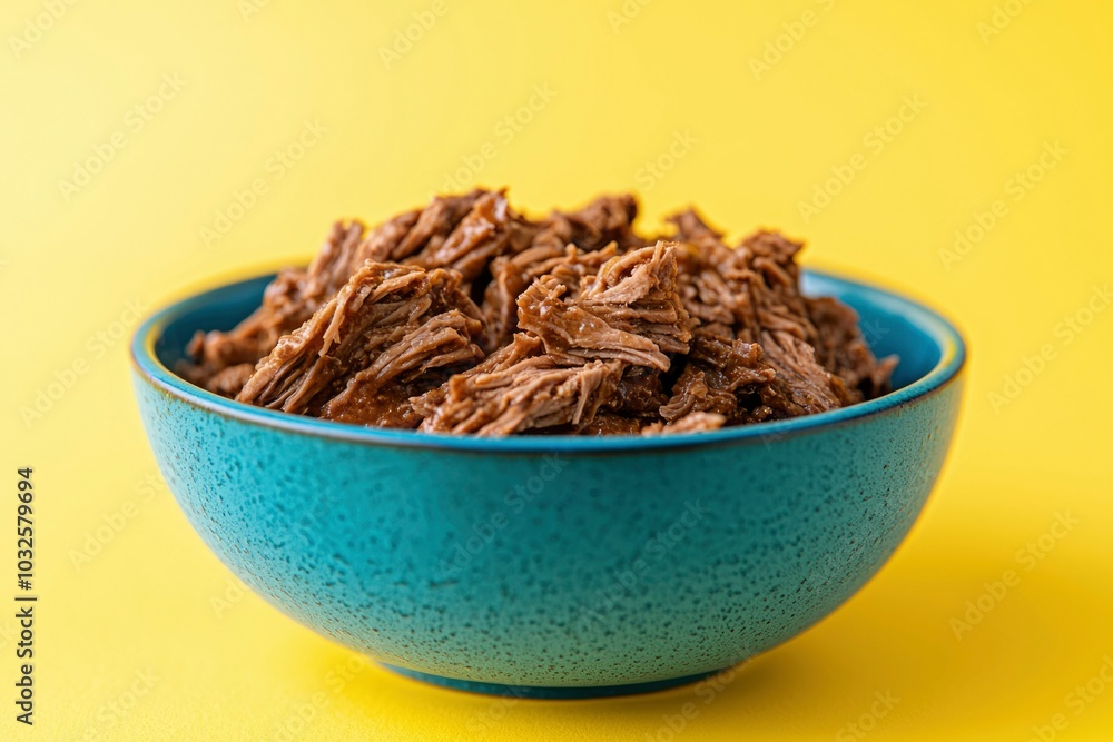 Bowl of Pulled Beef with Gravy on a Yellow Background Bowl of Pulled Beef with Gravy on a Yellow Background