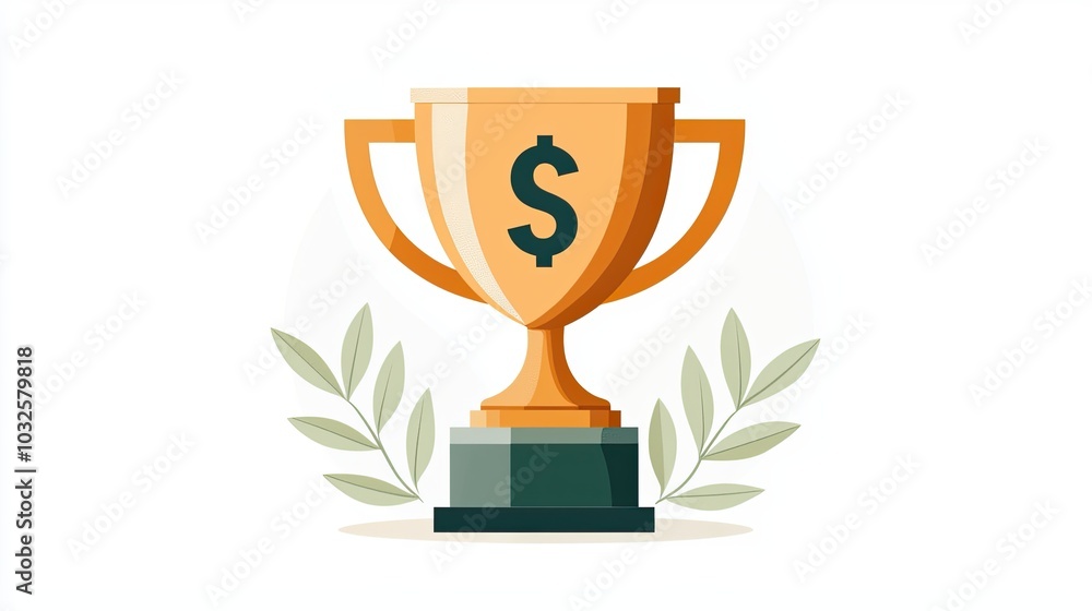 Golden trophy with a dollar sign flanked by green leaves Golden trophy with a dollar sign flanked by green leaves