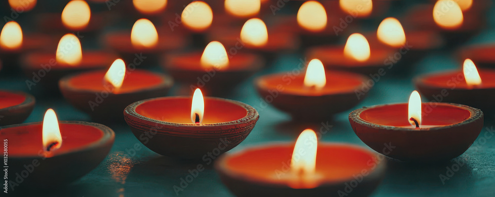 Close up of multiple diyas lit in spiritual Diwali celebration, creating warm and inviting atmosphere filled with light and joy Close up of multiple diyas lit in spiritual Diwali celebration, creating warm and inviting atmosphere filled with light and joy