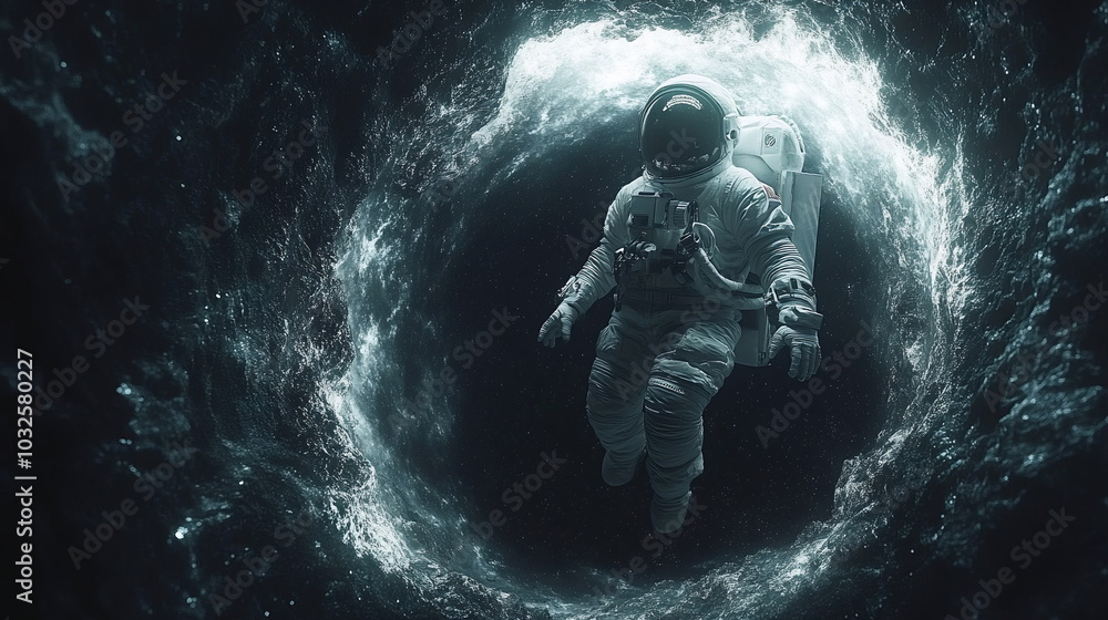 Fototapeta premium Astronaut Confronts Cosmic Abyss Near Swirling Black Hole