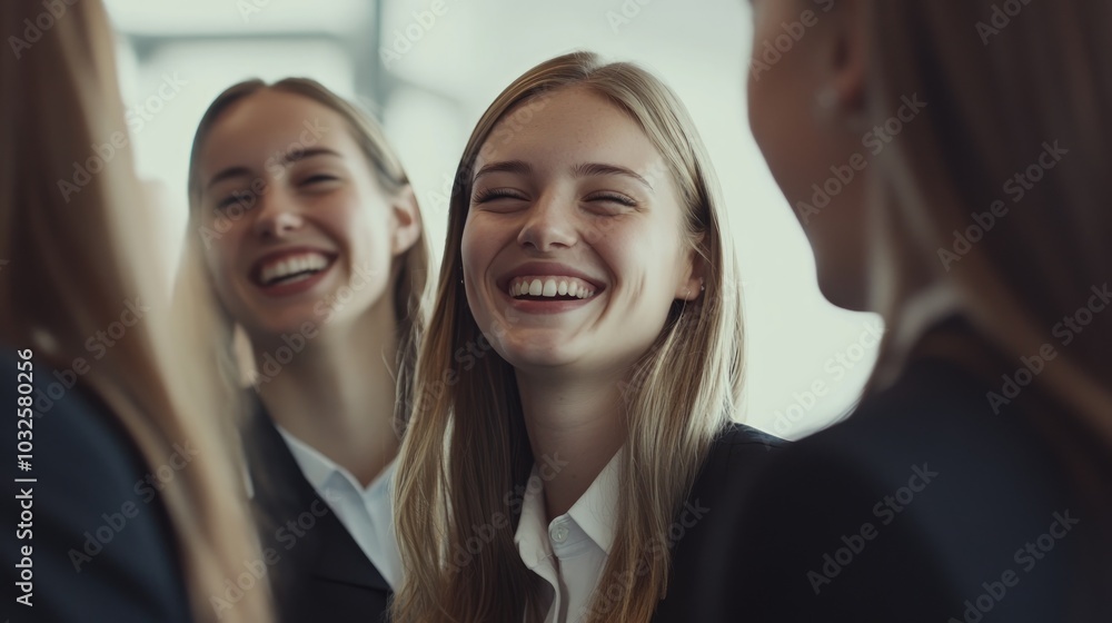 Obraz premium Group of smiling young women engaged in a joyful conversation.