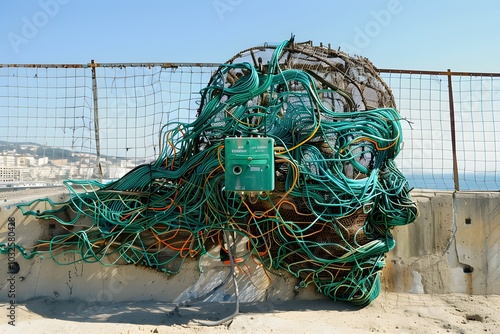 Artistic Installation of Wires Forming a Human Face by the Beach photo