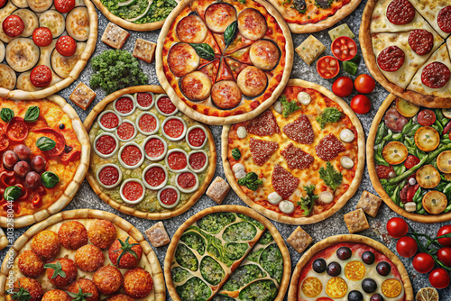 Delicious pizzas featuring variety of toppings and styles, arranged beautifully on textured surface. Each pizza stands out while harmonizing with overall presentation photo