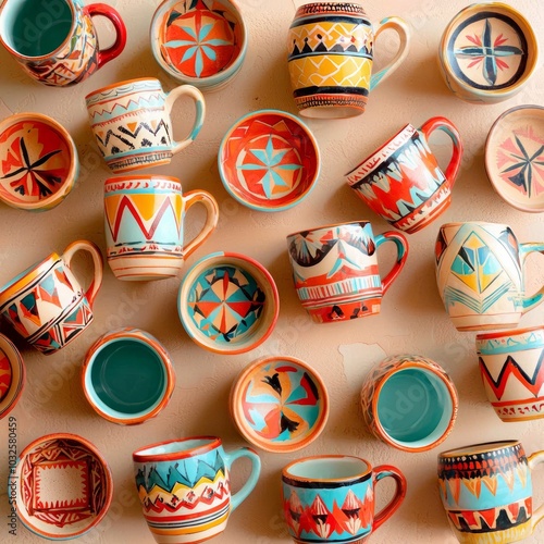 Colorful ceramic mugs with geometric patterns
