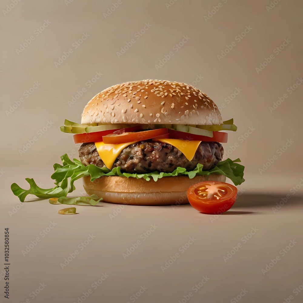 Mockup of a plant-based burger with a juicy patty, fresh lettuce, tomatoes and vegan cheese. Mockup of a plant-based burger with a juicy patty, fresh lettuce, tomatoes and vegan cheese.