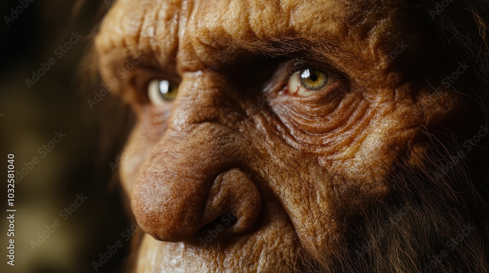 Detailed three-quarter views of a realistic Neanderthal man model showcase intricate facial features, wrinkles, and textures, highlighting humanity's ancient ancestors' rugged physiognomy. Detailed three-quarter views of a realistic Neanderthal man model showcase intricate facial features, wrinkles, and textures, highlighting humanity's ancient ancestors' rugged physiognomy.