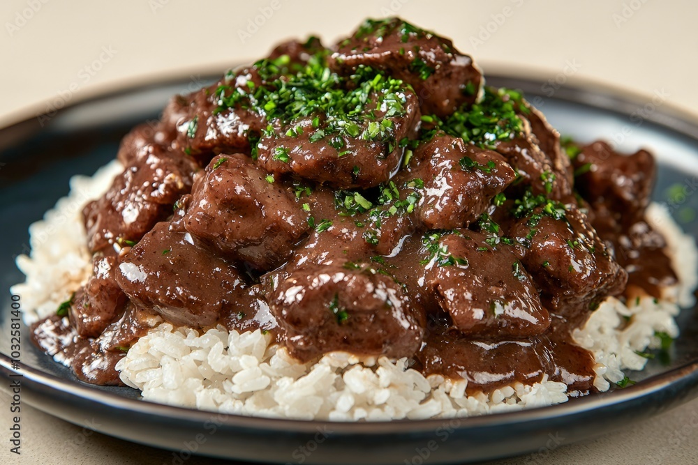 Beef Stew with Rice and Parsley Garnish on a Blue Plate Beef Stew with Rice and Parsley Garnish on a Blue Plate