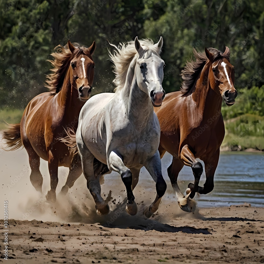 Hyper realistic image of horses galloping through an open field or along a beach. Hyper realistic image of horses galloping through an open field or along a beach.