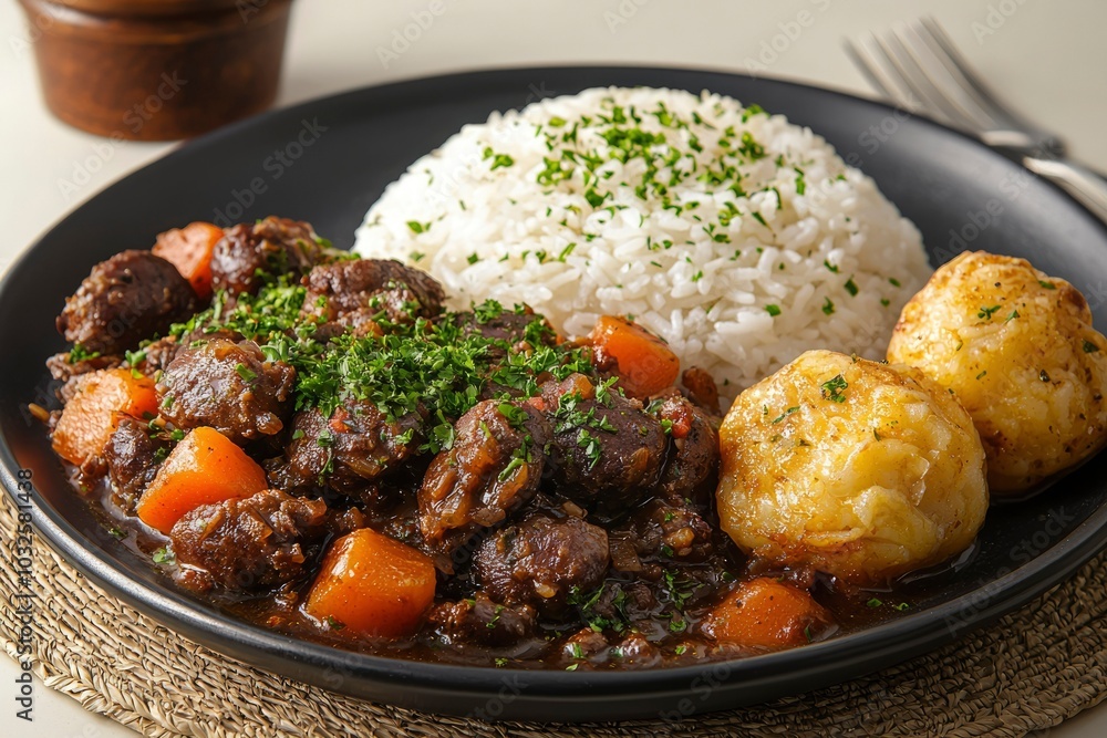 Beef stew with rice, potatoes, and carrots on a black plate Beef stew with rice, potatoes, and carrots on a black plate