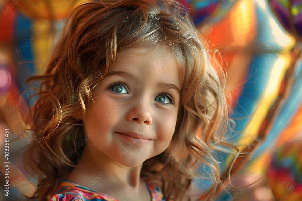 Joyful Child with Curly Hair Against a Colorful Background Joyful Child with Curly Hair Against a Colorful Background