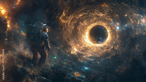 Astronaut Confronts Cosmic Abyss Near Swirling Black Hole