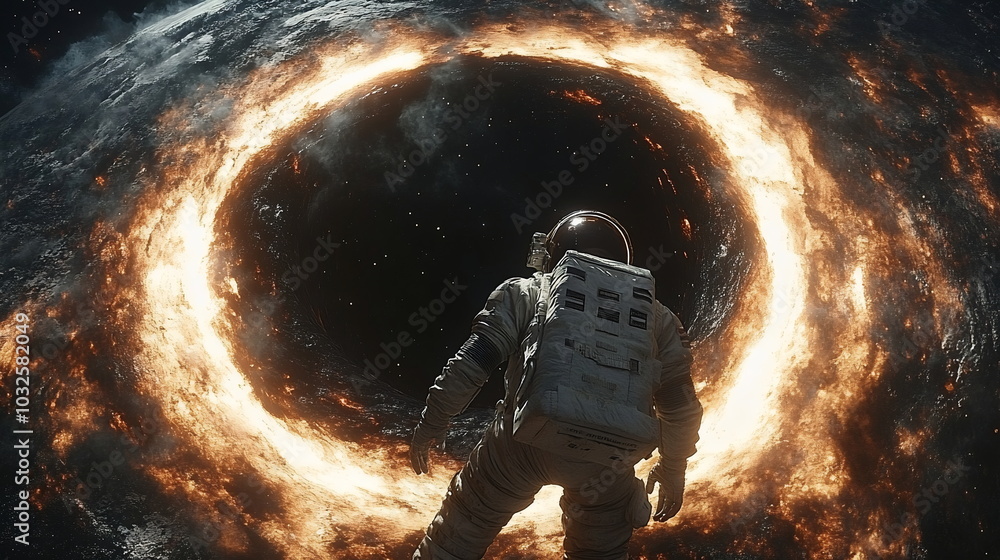 Fototapeta premium Astronaut Confronts Cosmic Abyss Near Swirling Black Hole