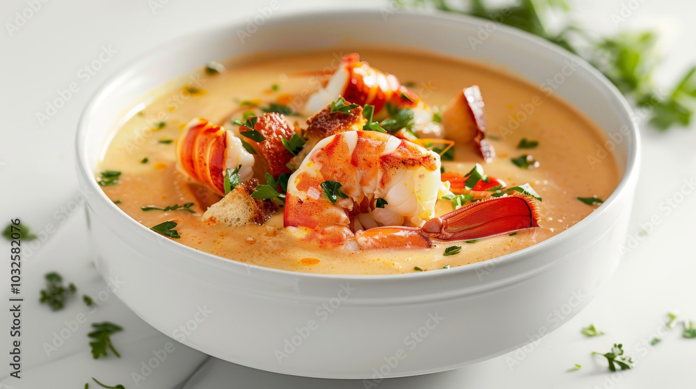 Isolated on White Background: Creamy lobster soup with lobster chunks, fresh herbs, and crispy croutons, presented against a clean white background Isolated on White Background: Creamy lobster soup with lobster chunks, fresh herbs, and crispy croutons, presented against a clean white background