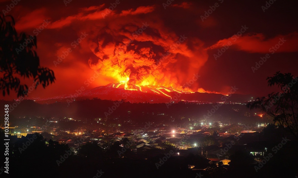 Naklejka premium Volcanic eruption illuminates night sky over town.