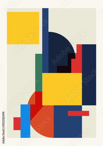 Abstract mid century colorful poster with geometric shapes. Modern Memphis minimalist flat art