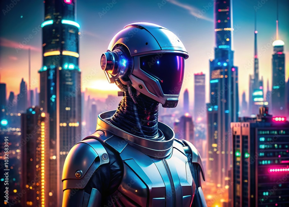 Futuristic Robot with Helmet in Panoramic Cityscape Futuristic Robot with Helmet in Panoramic Cityscape