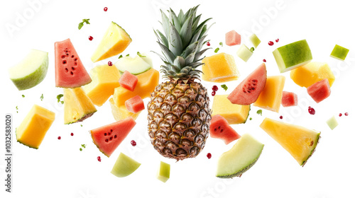 Fototapeta Naklejka Na Ścianę i Meble -  Fresh fruits flying on transparent background