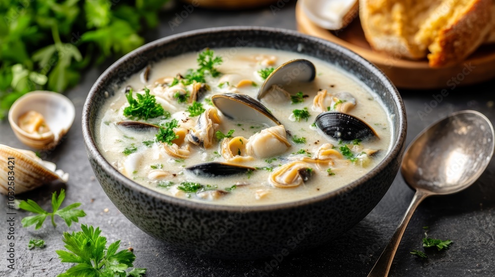 Steaming bowl of flavorful clam soup with fresh clams Steaming bowl of flavorful clam soup with fresh clams