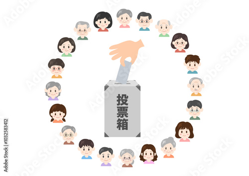 選挙の投票箱と人々のイラスト